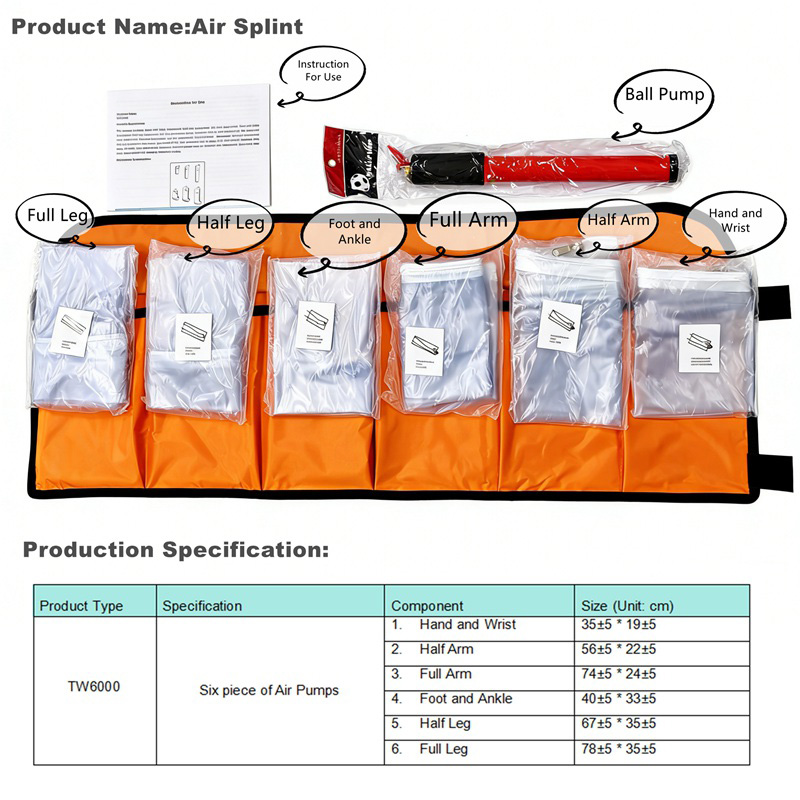 TW6000 complete 6-piece inflatable splint set with carrying bag